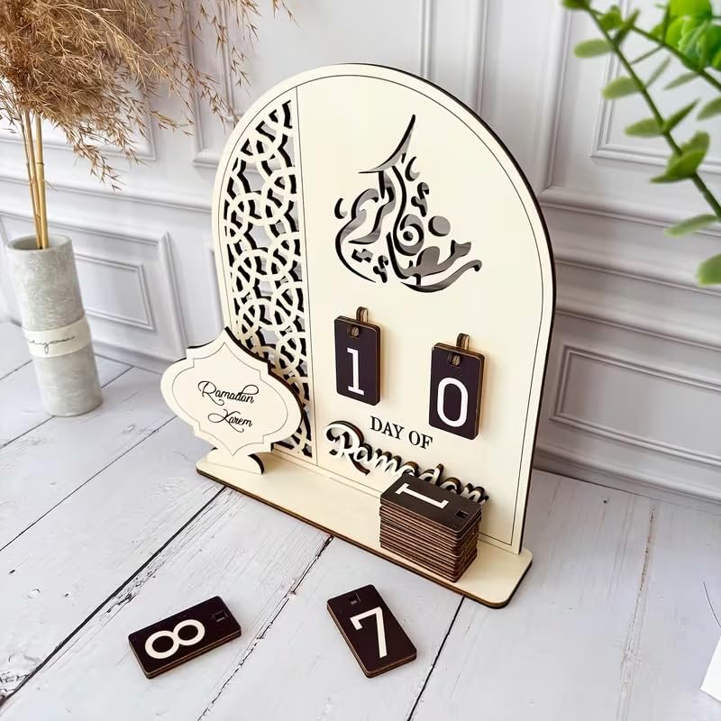 Wooden Ramadan Countdown Calendar Set | Ramadan Kareem Flip Numbers Tabletop Decor