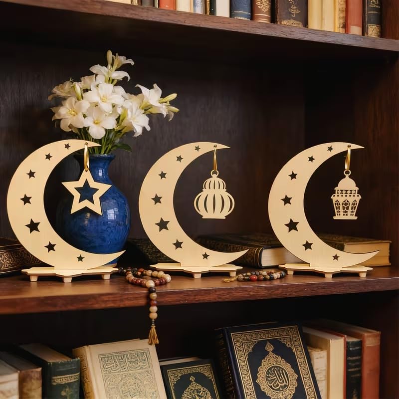 Wooden Moon & Star Tabletop Decor | Ramadan Eid Al-Fitr Islamic Ornaments with Lantern Hanging