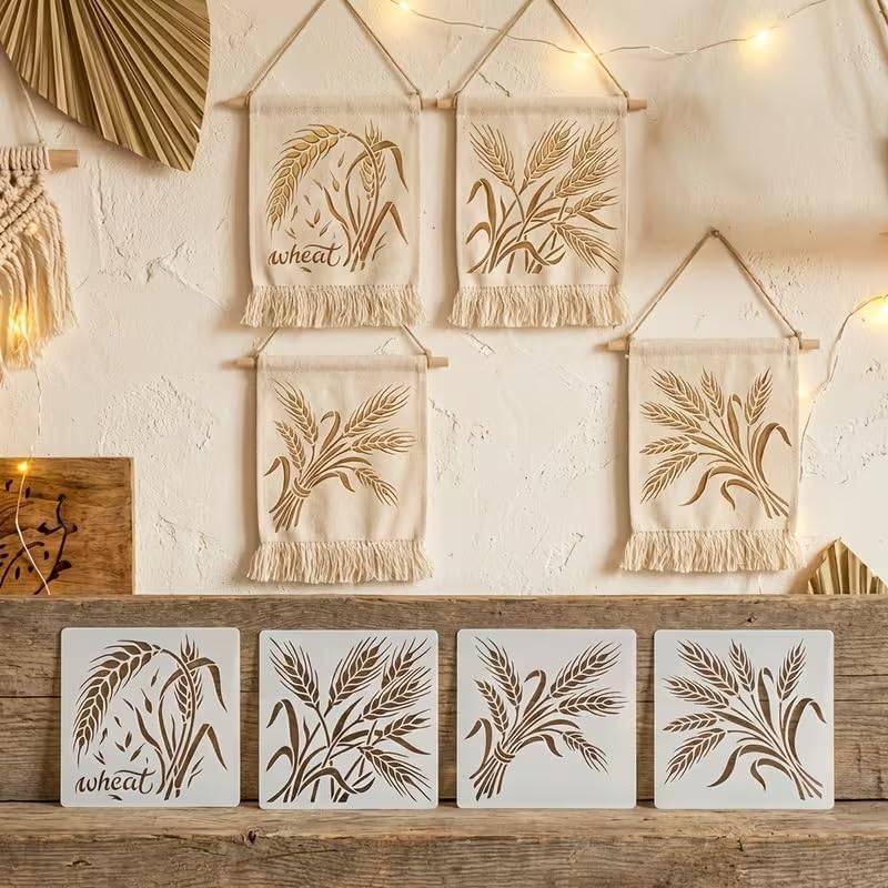 Set of 4 Wheat Ear Painting Stencil | Reusable Craft Stencil | Wheat Plant Template for Wall Painting
