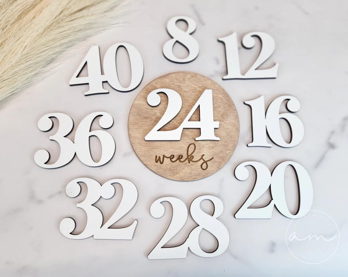 Pregnancy Milestone Disc Set | Wooden Weekly Tracker from 8 to 40 Weeks | Raised Number Cards | 4 Inch Round Pine MDF | Baby Bump Photo Prop | Maternity Memory Keepsake,