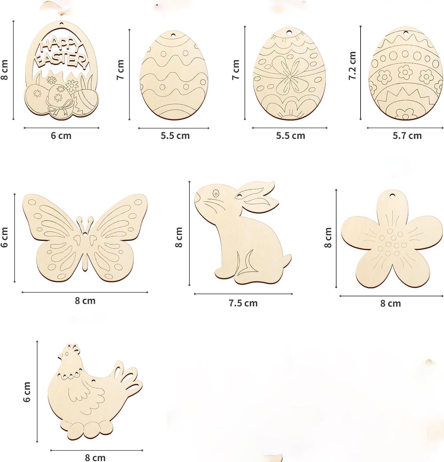 Haoser 18 PCS Wooden Easter Ornaments to Paint, 8 Styles DIY Blank Unfinished Wood Cutouts Ornament for Crafts Hanging Decorations, Egg Rabbit Bunny Butterfly Flower Hen Happy - Haoser