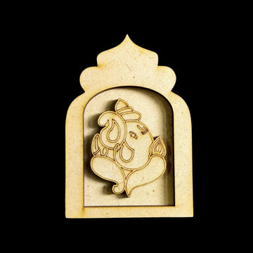 Pine Ganesha Jharokha Wall Hanging with Embellishments | Wooden Decorative Frame for Home Temple & Festive Décor | Size 12x7 Inch (Ganesha)