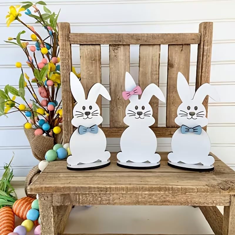 2 Pcs Wood Rabbit Plaque with Belly Writing - Vintage Wood Tabletop