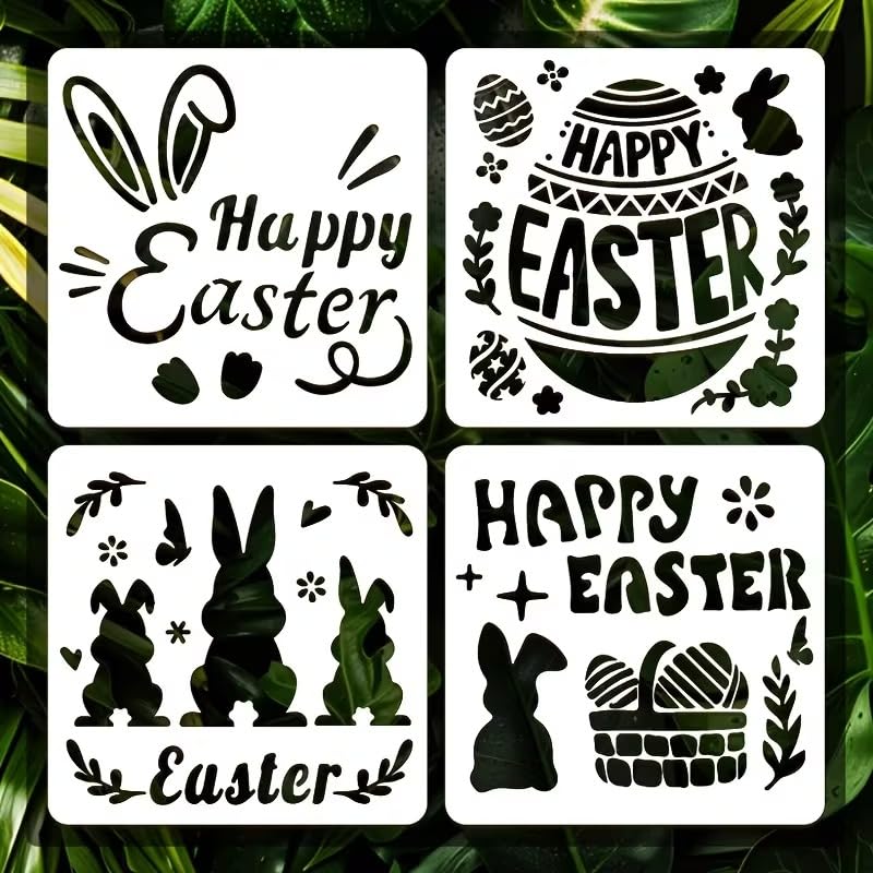 4-Pack Easter Rabbit Stencil Templates (5.91 x 5.91 Inch) | Reusable Bunny Painting Stencils for Wall Decor