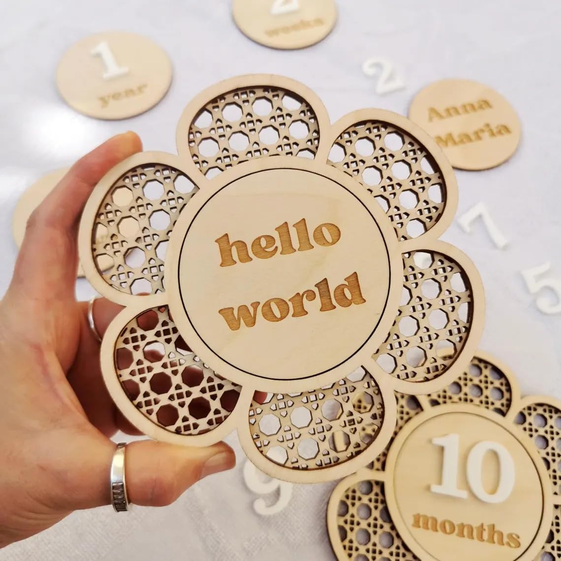 Wooden Rattan Daisy Flower Baby Monthly Milestone Card