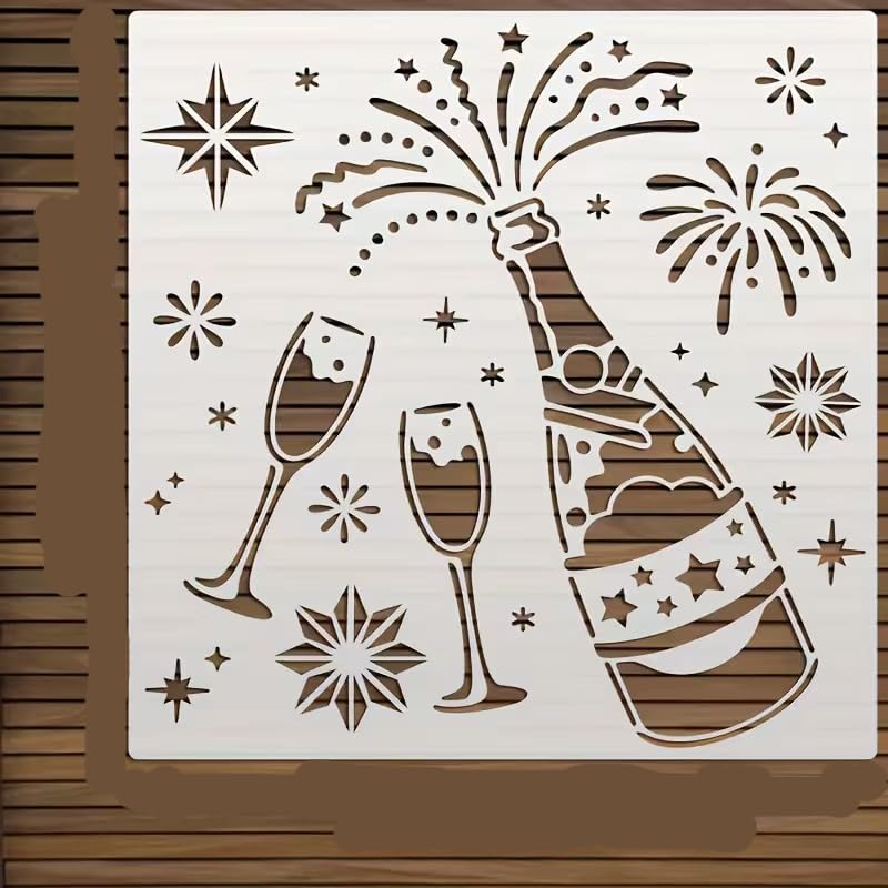 Champagne & Wine Theme Stencil Template – 12-Inch Plastic Stencils Champagne, Glasses, Fireworks & Stars for Wall, Fabric, Furniture Painting, Wedding Party & New Year