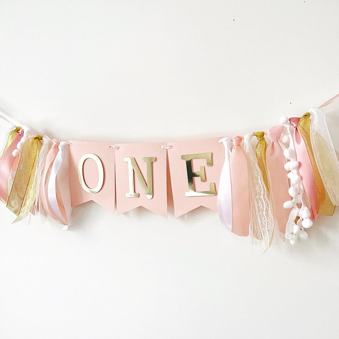 Chair Banner for Girl 1st Birthday – Blush Pink & Gold "ONE" Banner for Baby Girl First Birthday Decorations