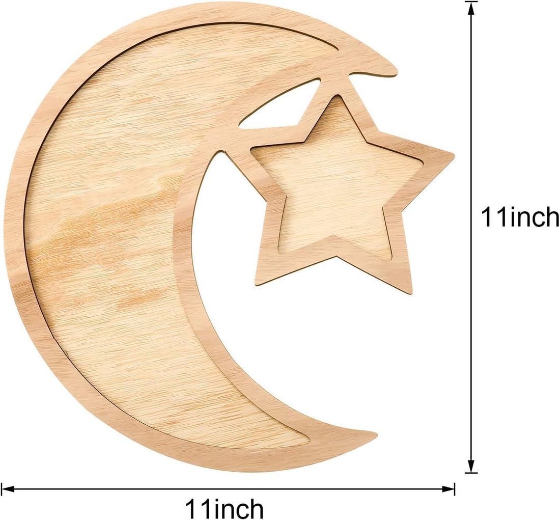 Haoser 2 Sets Ramadan Wood Tray Moon Star Tableware - Eid Mubarak Party Serving