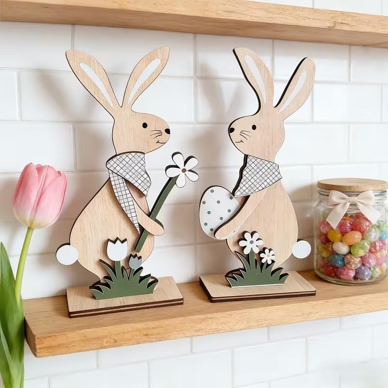 2 Pcs Easter Wooden Rabbit Plaque Decoration – Bunny & Egg Spring Table Decor