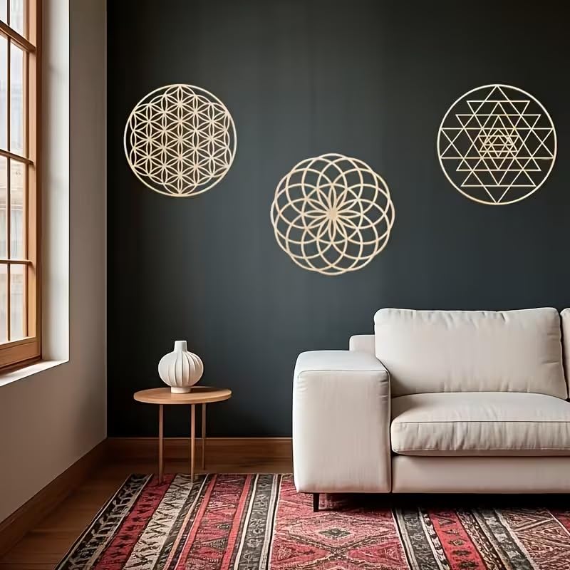 3 Pcs Boho Geometric Wooden Wall Decor | Life Flower, Metatron Cube & Sri Yantra