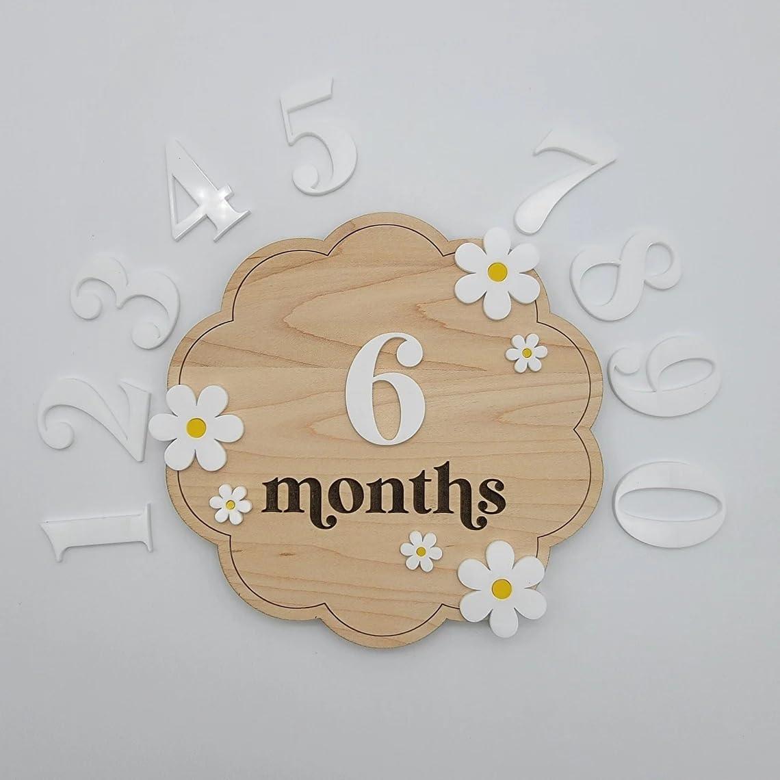 Haoser Wooden Baby Milestone Cards with Daisy Accents,2 Disc. (Month & Months-12 Numbers)