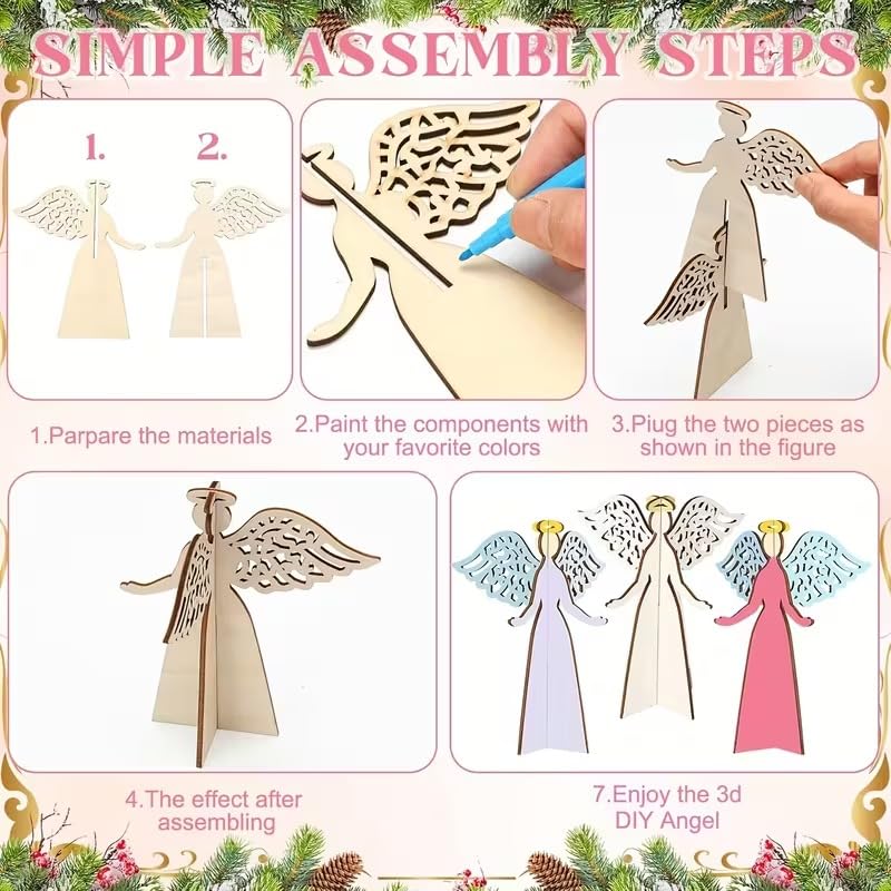 5 PCS Wooden 3D Angel Craft Set – DIY Paintable Christmas Figures with Intricate Wing Designs