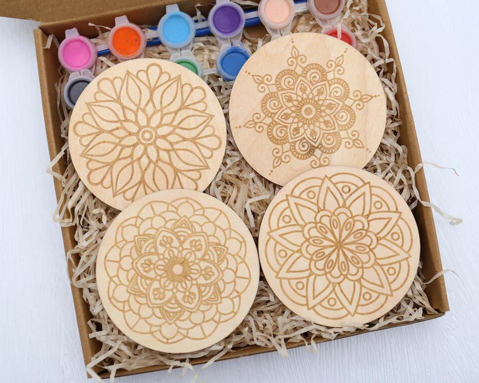 Haoser Wooden Mandala Paint Kit Tea Coasters Art and Craft Kit, Painting Brush for Girls Boys 9-12 Years Coaster DIY Kit Set of 6 Beginner Kit | DIY Kit for Birthday Gift|DIY Kit for Mandala Coaster for craft - Haoser