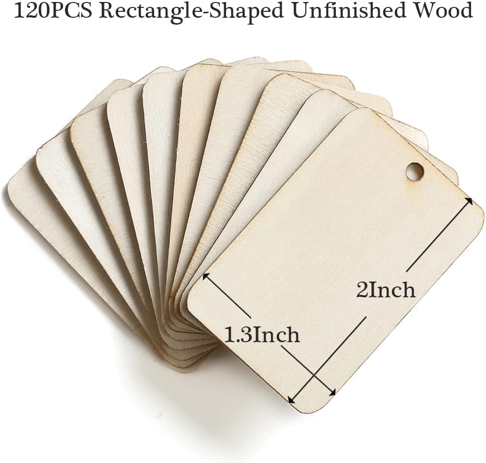 Pack of 25 Unfinished Wooden Rectangle Craft Tags 2 x 1.3 Inch | Pine MDF Wood Cutouts | Holiday Decorations | Hanging Wooden Labels | by