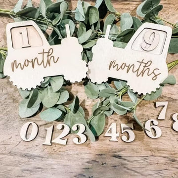 2 Pcs Baby Monthly Milestone Wood Number Signs – Tractor-Themed MDF Monthly Milestone Board