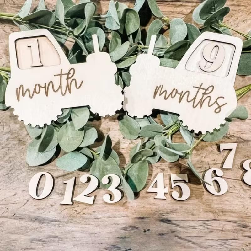 2 Pcs Baby Monthly Milestone Wood Number Signs – Tractor-Themed MDF Monthly Milestone Board