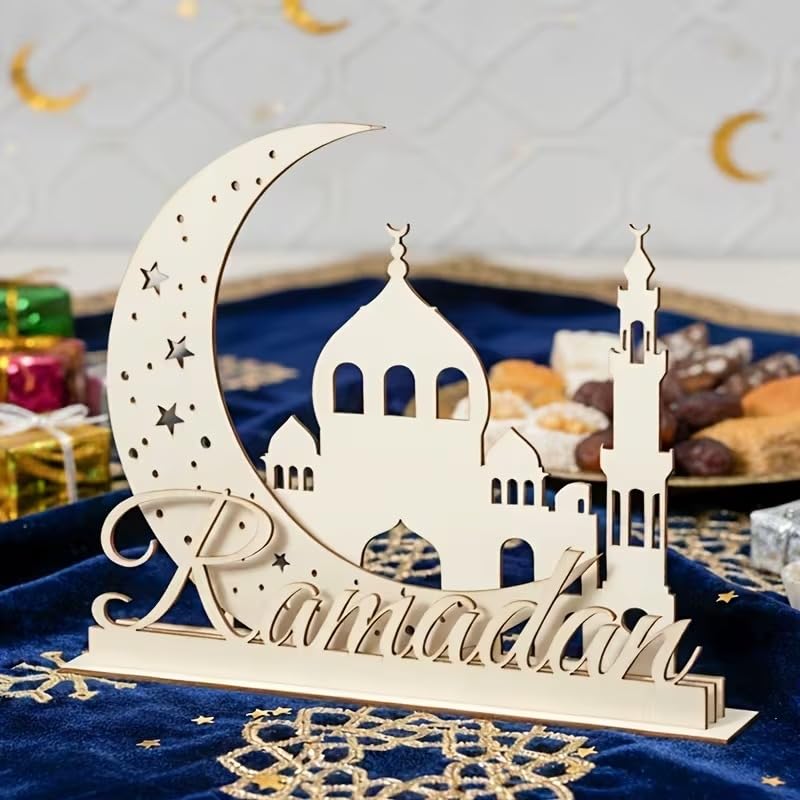 Ramadan Wooden Decorative Sign – Moon Castle 3D MDF Tabletop Ornament