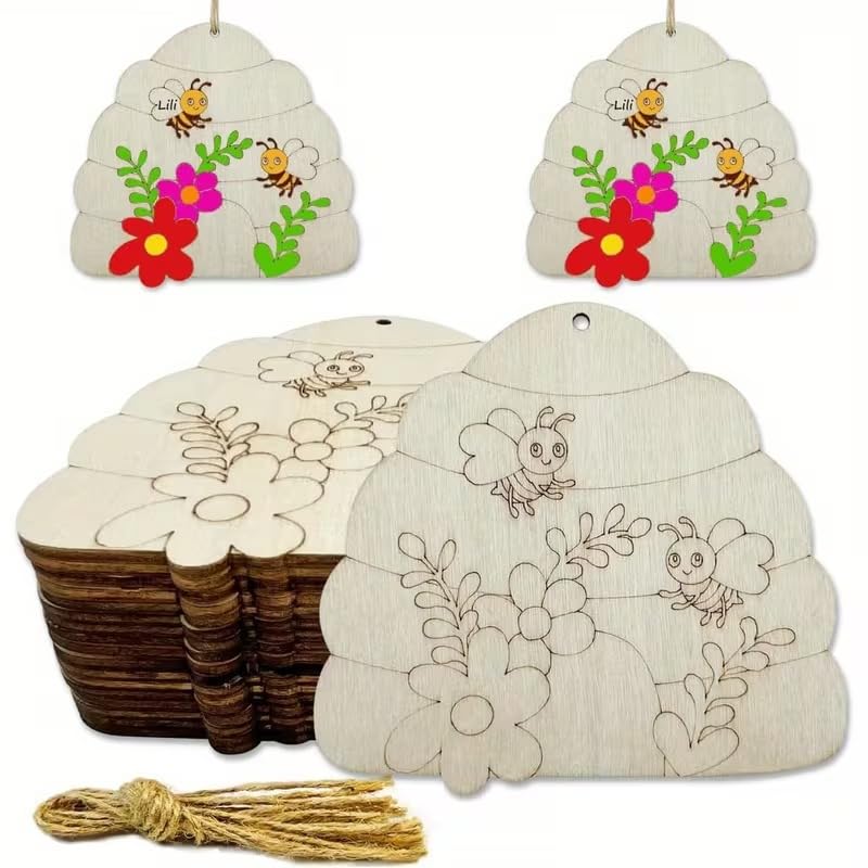 20 Pcs Beehive Wooden Cutouts – Natural Bee & Honeycomb Shapes for DIY Crafts