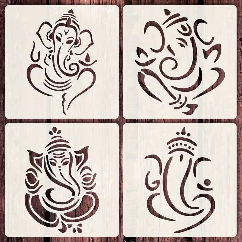 4 Pcs Plastic Ganesha Stencils for DIY Crafts | Traditional Indian Belief Templates | Home Decor, Wall Art, Fabric, Wood