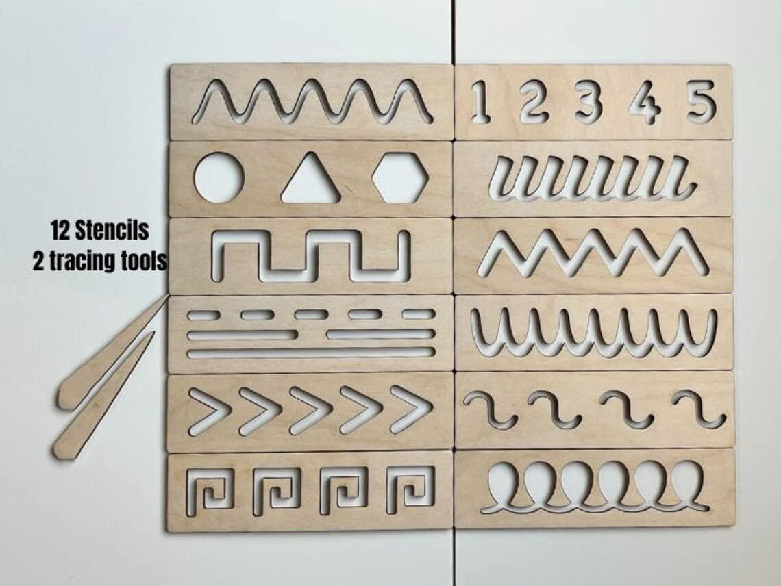 Haoser Educational Wood Handwriting Stencil Set Montessori Stencils Set,Wooden Educational Toys for Kids 3 Years or 2 or 4 Years Old (Size 9X2.5 in Pack of 12)) - Haoser
