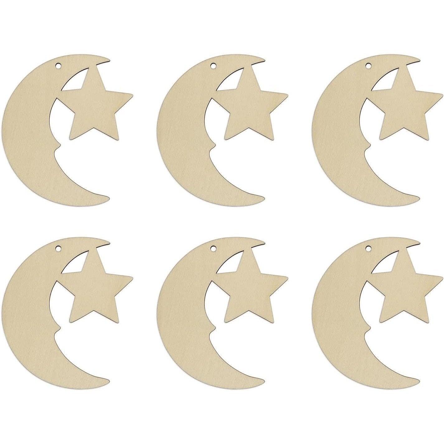 Haoser 10 Pack eid Moon d?cor,Stars and Moon Decoration, Wooden Moon Star Shaped Hanging Ornaments with Hole for Ramadan Decoration - Haoser