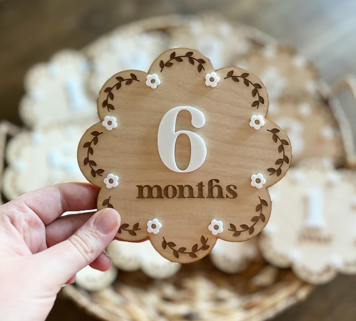 Set of 2 Wooden Interchangeable Baby Monthly Milestone Markers | Floral Photo Prop for Baby Growth | 5 Inch Milestone Discs with Acrylic Numbers | Month, Months & Year Signs | Newborn Gift