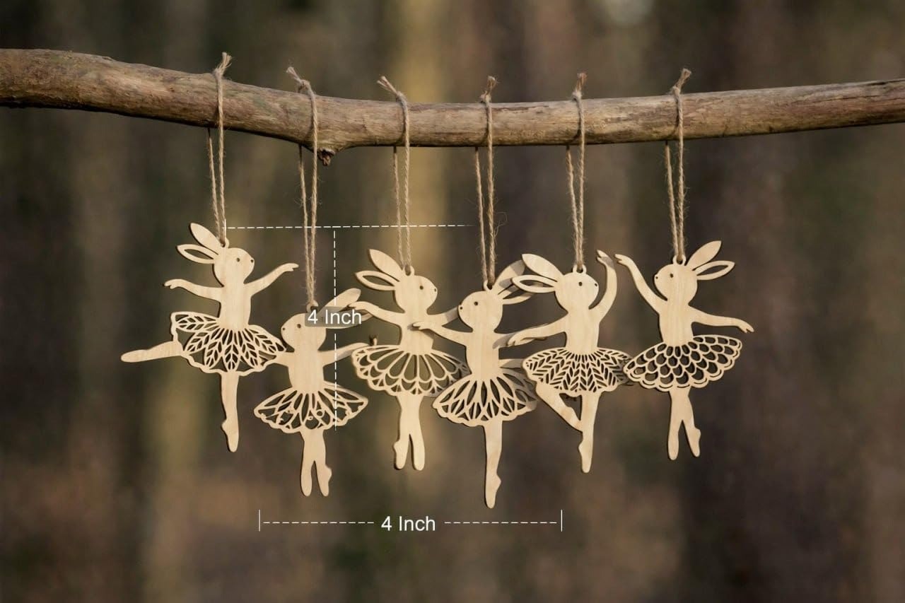 Pack of 6 Easter Ballerina Bunny Ornaments, Wooden Hanging Decorations Itmas, Home Decortion Cutouts, 4 Inch, (1 Pcs Each
