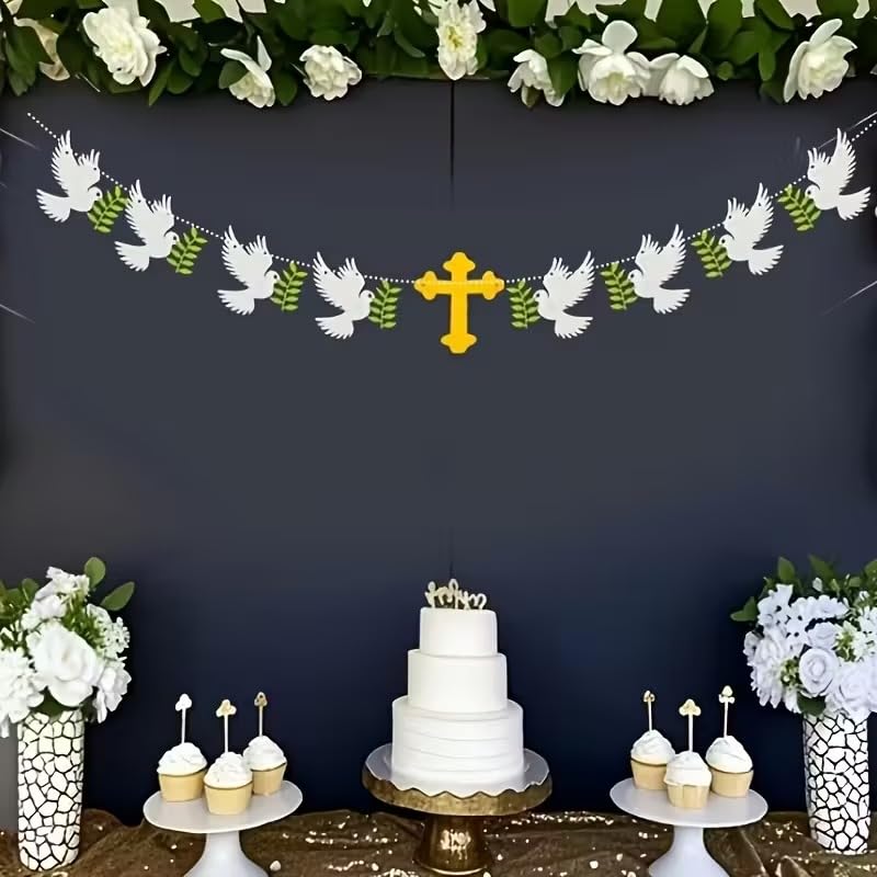 9 Pcs Religious Decor Yellow Cross & Olive Branch Dove Wreaths | Felt Fabric White Dove Hanging Decorations