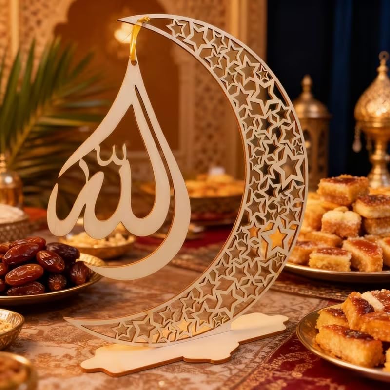 Wooden Ramadan Eid Mubarak Ornament | Islamic Allah Moon & Star Decor | Muslim Home Prayer Decoration | Ramadan Kareem