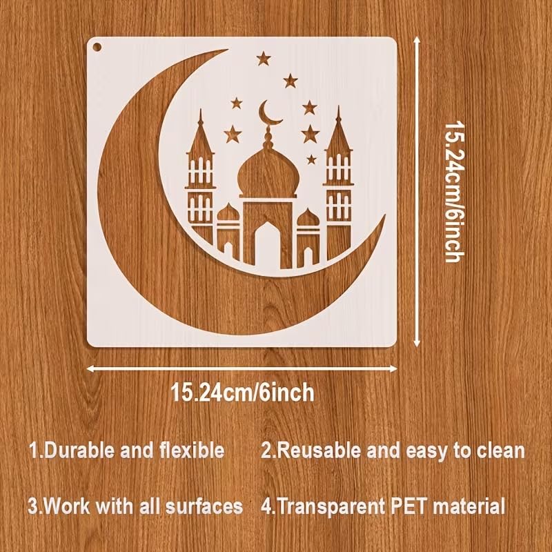 Islamic Plastic Stencil Ramadan & Eid DIY Art Stencils with Crescent Moon, Mosque, Lantern & Allah Calligraphy
