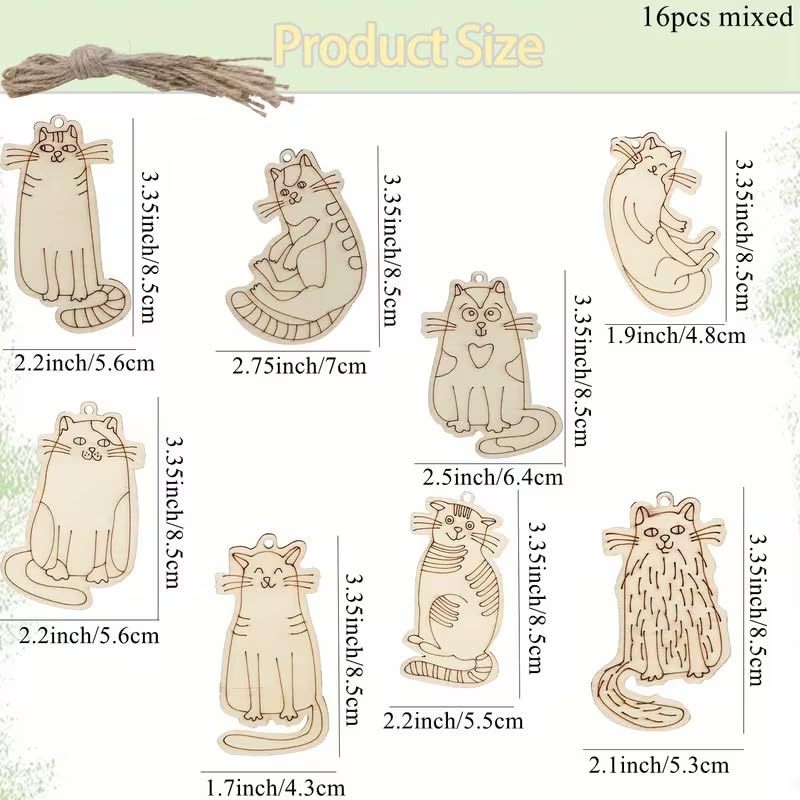 16 Pcs Wooden Cat Ornaments – Unfinished Pine MDF Hanging Shapes