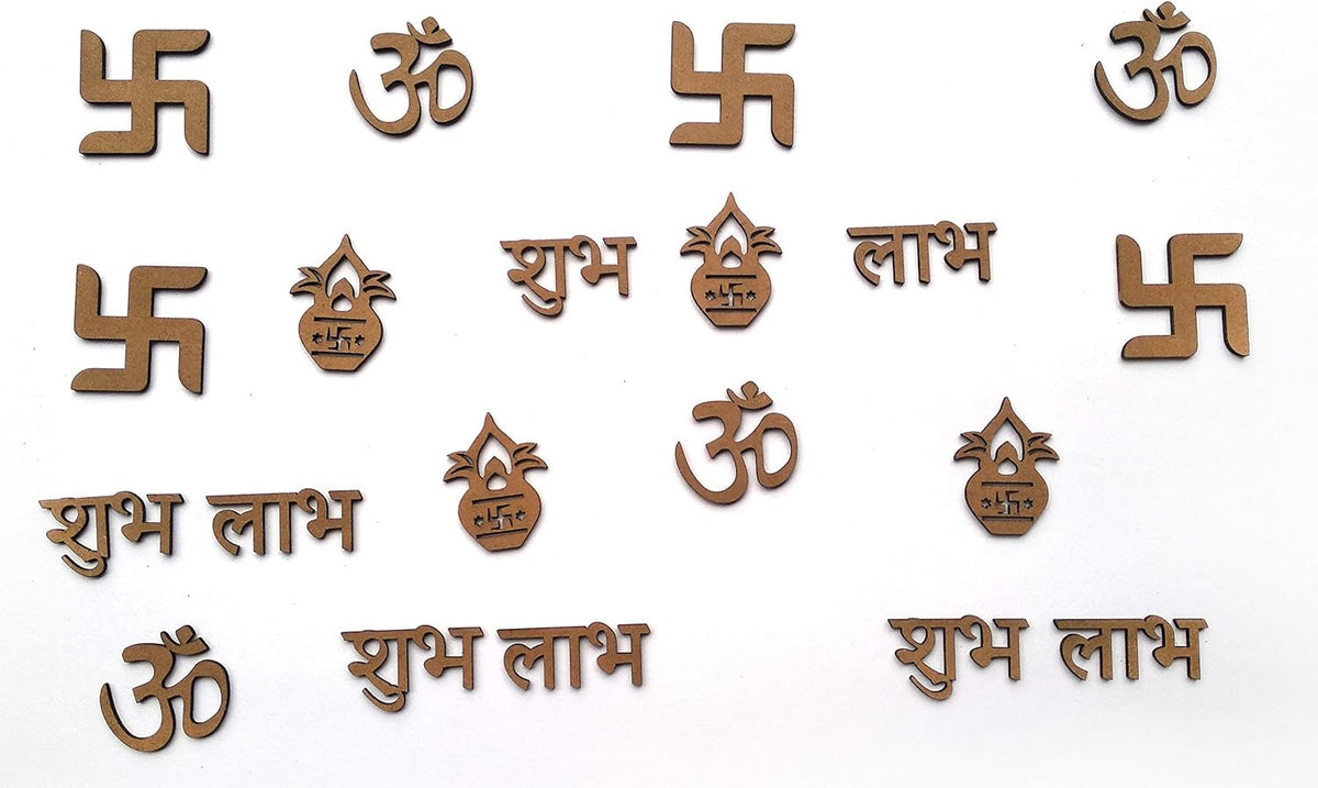 Wooden MDF Cutouts Pack of 20– Sathiya, Shubh, Labh, Kalash, Om Symbols – Small Size 2 Inch for Diwali Decor