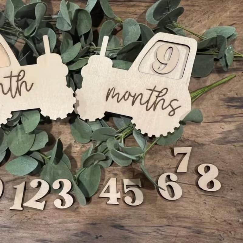 2 Pcs Baby Monthly Milestone Wood Number Signs – Tractor-Themed MDF Monthly Milestone Board