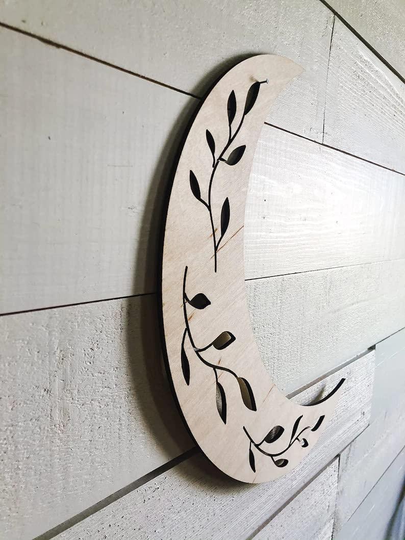 Haoser Pine MDF Wood floral Moon Wall Decor, Crystal Display helves for Home, Bedroom, Nursery, Dorm, Cabin, Laser cut Moon - Haoser