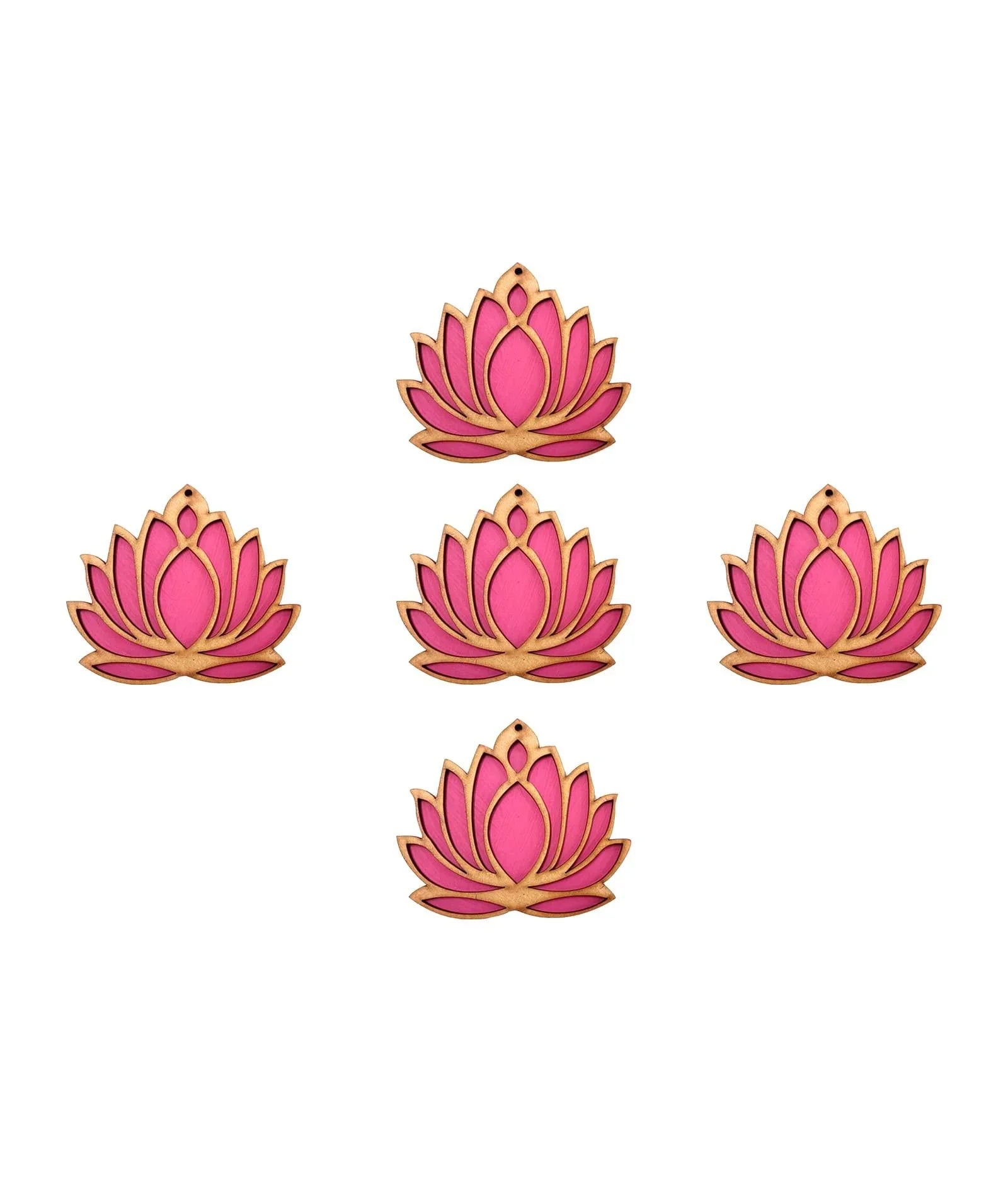 Haoser Wooden Lotus Cutout for Festivel Decorations Pack of 5 | Floor Decoration Reusable Rangoli for Puja Function (Pack of 5 Length: 4 in Width: 3 in) - Haoser