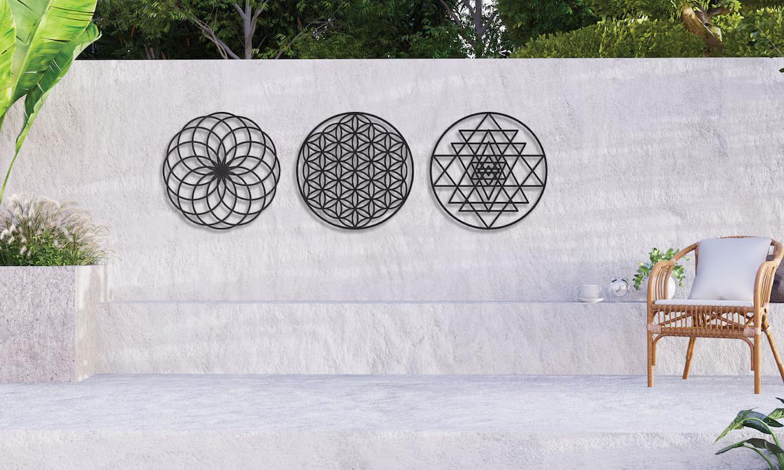 3 Pcs Sacred Geometry Wall Decor - 12 Inch Metal Wall Art Set | Flower of Life