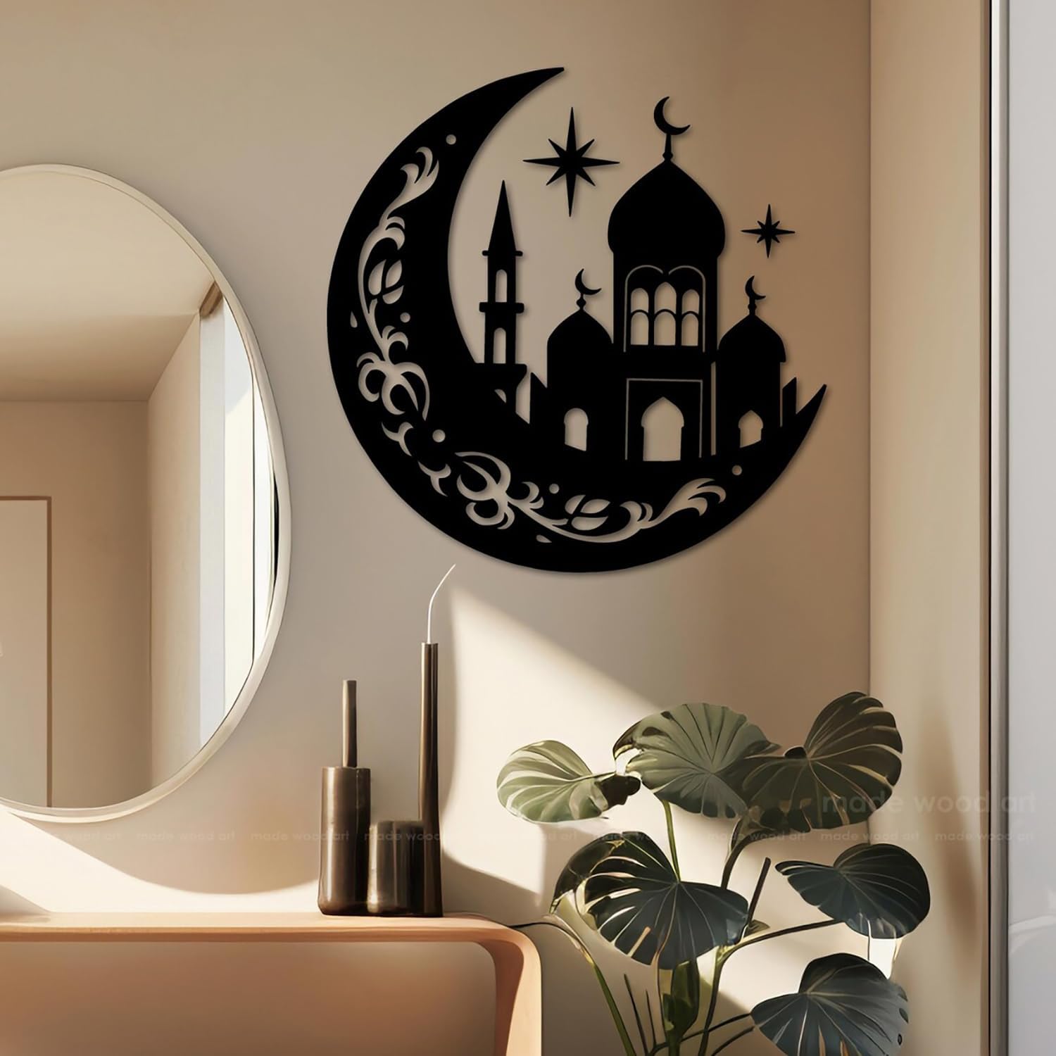 Islamic Wall Art Wooden Crescent Moon Mosque Design | Ramadan Eid Mubarak Home Decor