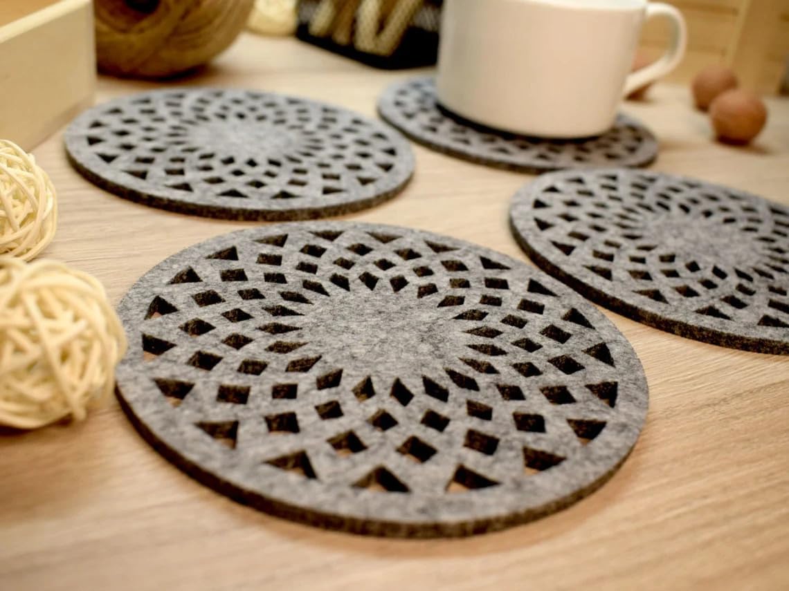 Felt Coasters Set of 4 | 4.7 Inch Round Geometric Felt Coasters | Table Drink Coasters for Bar, Coffee Mugs, Cups & Furniture Surface Protection