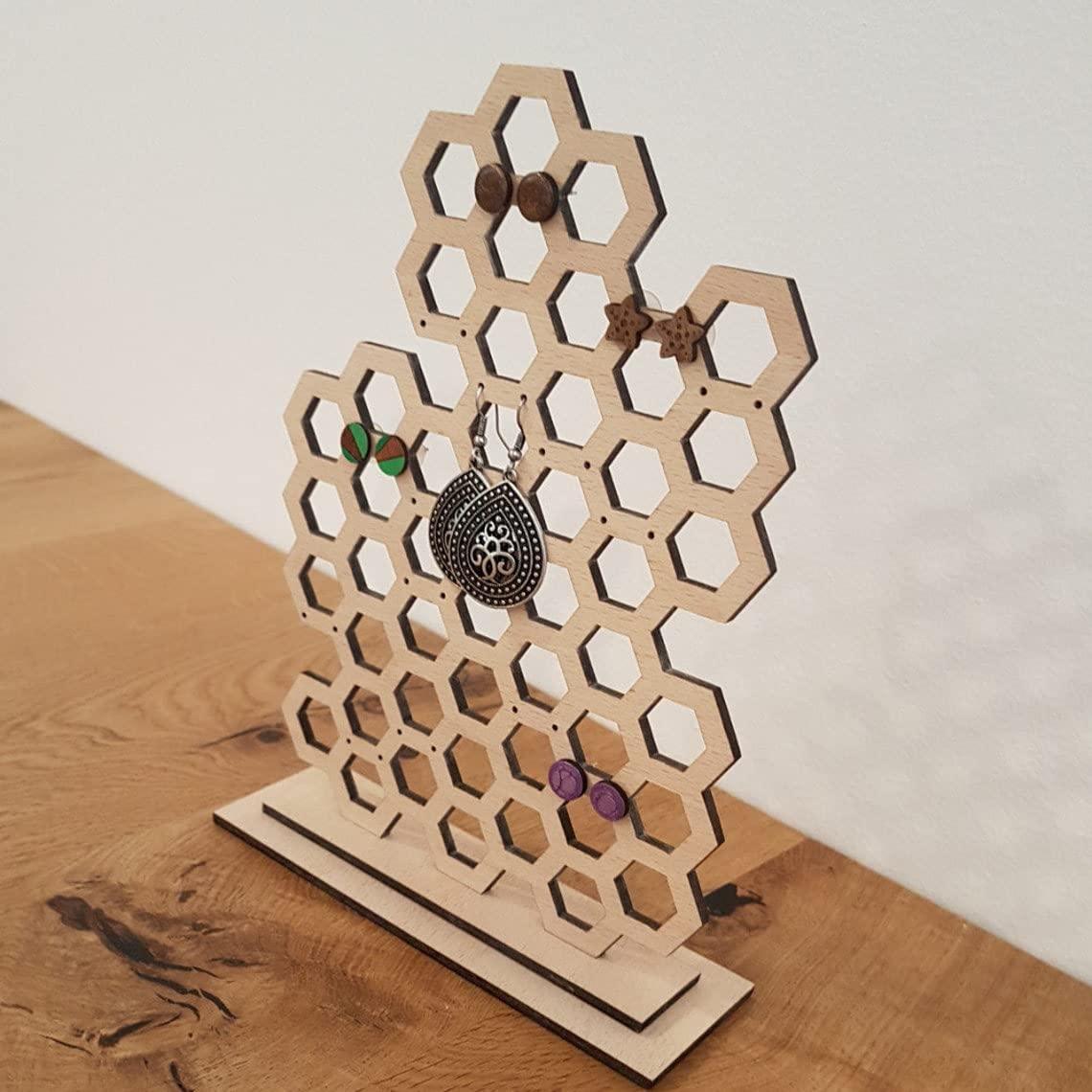 Haoser Wooden Earring Display Stand, Honeycomb Earring Organizer Earring Display Wood Hanging Jewelry Organizer for Stud Earrings (Earring Holder-2) - Haoser