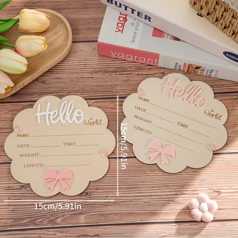 Floral Hello World Birth Announcement Board – MDF Newborn Photography Prop | Round Baby Milestone Sign