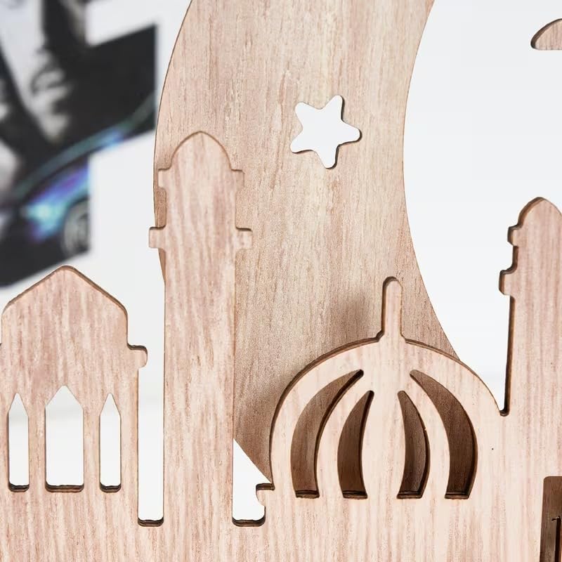 Wooden Moon Castle Table Decor with Star Cutouts | 3D Islamic Ramadan & Eid Mubarak