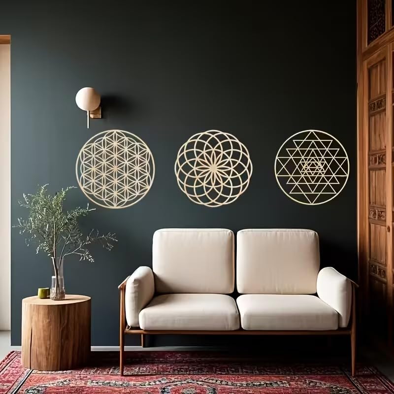 3 Pcs Boho Geometric Wooden Wall Decor | Life Flower, Metatron Cube & Sri Yantra