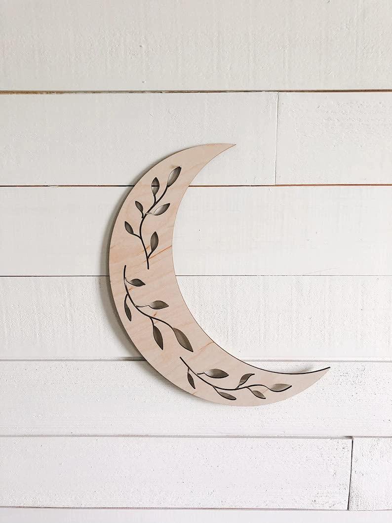 Haoser Pine MDF Wood floral Moon Wall Decor, Crystal Display helves for Home, Bedroom, Nursery, Dorm, Cabin, Laser cut Moon - Haoser
