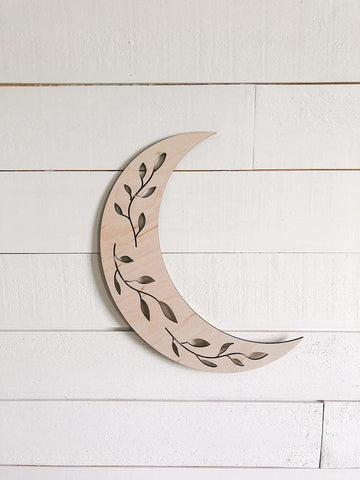Haoser Pine MDF Wood floral Moon Wall Decor, Crystal Display helves for Home, Bedroom, Nursery, Dorm, Cabin, Laser cut Moon - Haoser