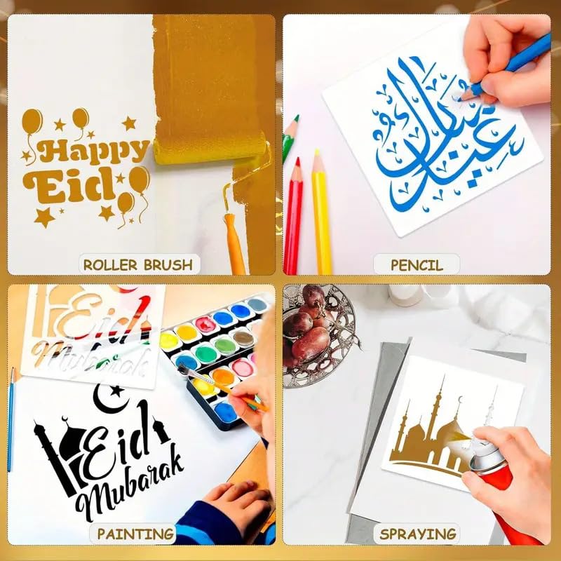 16 Pcs Ramadan Eid Stencil Set – 5.9x5.9 Inch Reusable Plastic Painting Templates – Moon & Star Eid Mubarak Stencils for DIY Wall, Cake, Card, Fabric, Scrapbooking & Home Décor Crafts