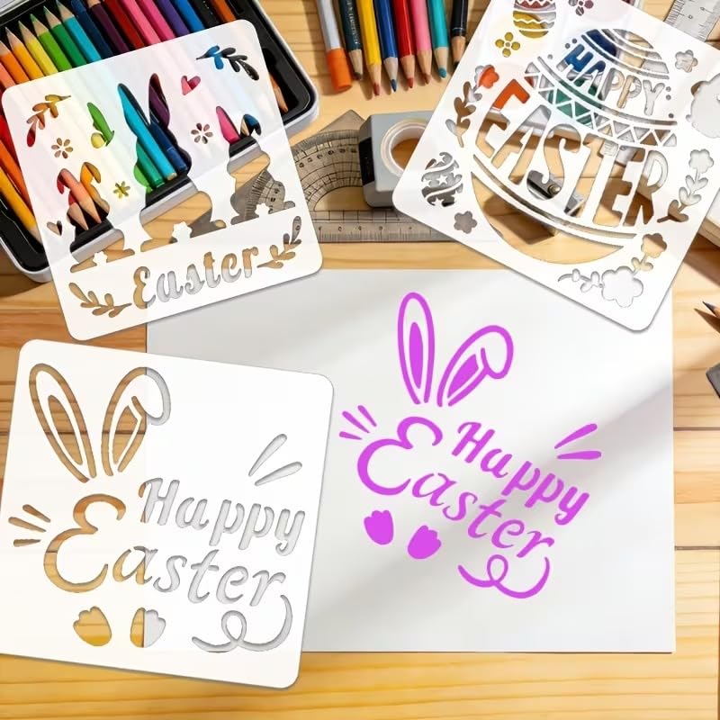 4-Pack Easter Rabbit Stencil Templates (5.91 x 5.91 Inch) | Reusable Bunny Painting Stencils for Wall Decor
