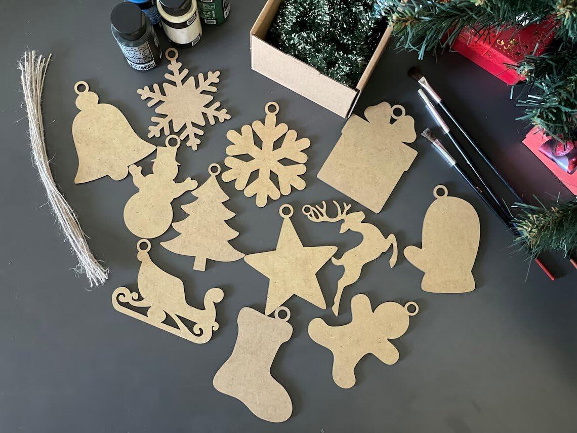 Haoser MDF Decorative Hanging orgnaments for chirtmas Craft, Unfinished Wood Cutouts Christmas Decoration DIY Crafts Wooden Christmas Tree MDF Christmas Ornaments - Haoser