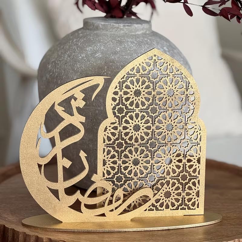 Ramadan Mubarak Wooden Tabletop Decor | Islamic Eid Al Fitr Decorative Sign | Crescent Moon Mosque Design