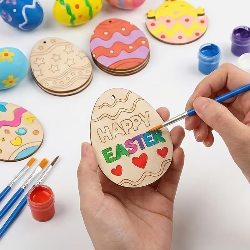 10 Pcs Easter Wooden Egg Ornaments Set | Blank Egg Shaped Wooden Cutouts with Rope for DIY Painting