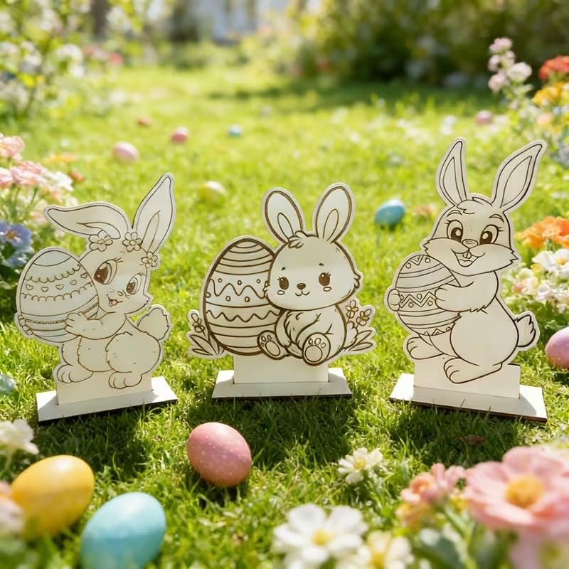 3 Pcs DIY Easter Craft Kit – Paint Your Own Rabbit & Egg Wooden Tabletop Signs